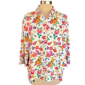 Josephine Chause Sports Bright Bold Floral Silk Button Down Shirt Size LARGE